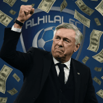 Ancelotti: il Brasile si allontana, spunta Ancelotti Al Hilal Arabia Saudita 21 Carlo Ancelotti davanti al logo Al Hilal con dollari che cadono, simbolo dell’offerta saudita nel 2025
