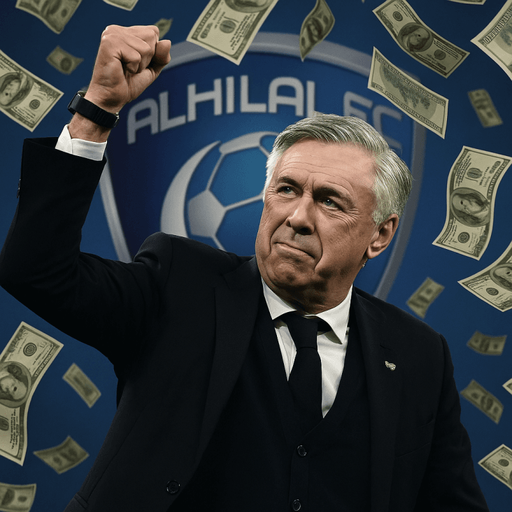 Ancelotti: il Brasile si allontana, spunta Ancelotti Al Hilal Arabia Saudita 1 Carlo Ancelotti davanti al logo Al Hilal con dollari che cadono, simbolo dell’offerta saudita nel 2025