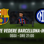 Dove vedere Barcellona-Inter Milan di oggi in Champions League alle 21 21 Grafica con loghi Barcellona e Inter, TV al centro e orario della semifinale di Champions League
