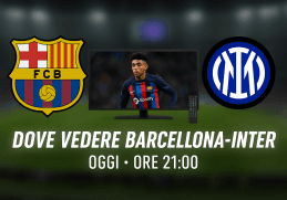 Grafica con loghi Barcellona e Inter, TV al centro e orario della semifinale di Champions League