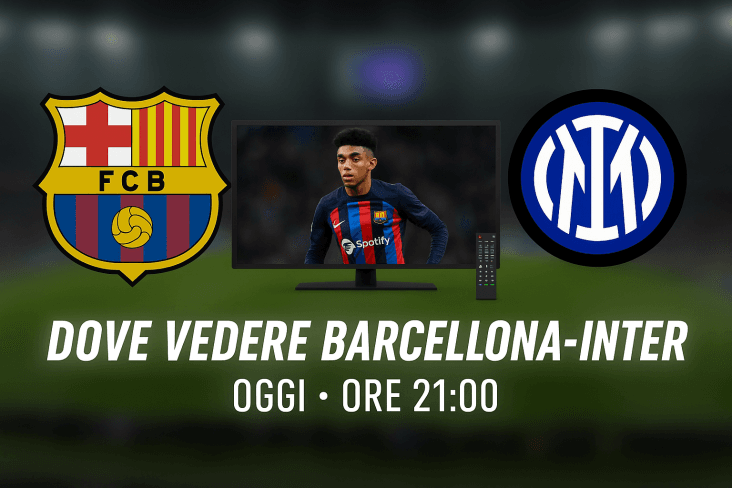 Grafica con loghi Barcellona e Inter, TV al centro e orario della semifinale di Champions League