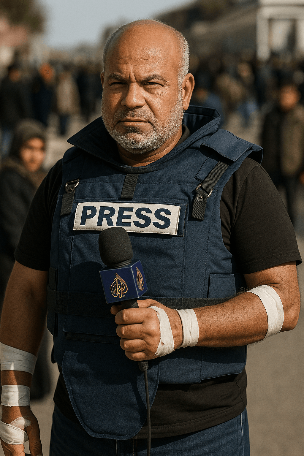 Wael Al-Dahdouh, giornalista palestinese, in prima linea a Gaza con giubbotto da stampa