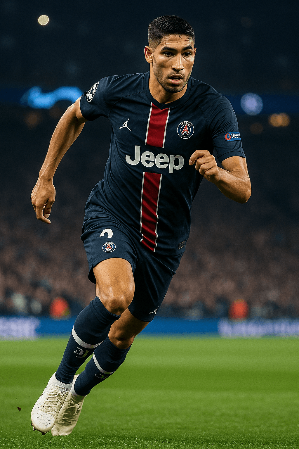 Calciatore del PSG in azione sulla fascia destra durante la semifinale di Champions League 2025