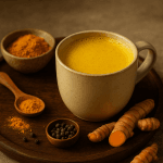 La golden milk: il tuo elisir dorato quotidiano 32 azza di golden milk su un vassoio di legno con radici e polvere di curcuma e pepe nero