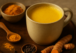 azza di golden milk su un vassoio di legno con radici e polvere di curcuma e pepe nero