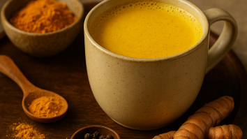 azza di golden milk su un vassoio di legno con radici e polvere di curcuma e pepe nero