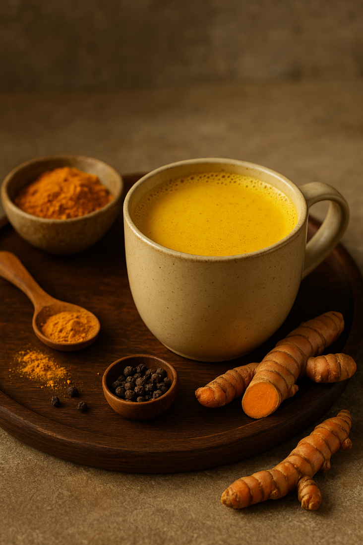 La golden milk: il tuo elisir dorato quotidiano 1 azza di golden milk su un vassoio di legno con radici e polvere di curcuma e pepe nero