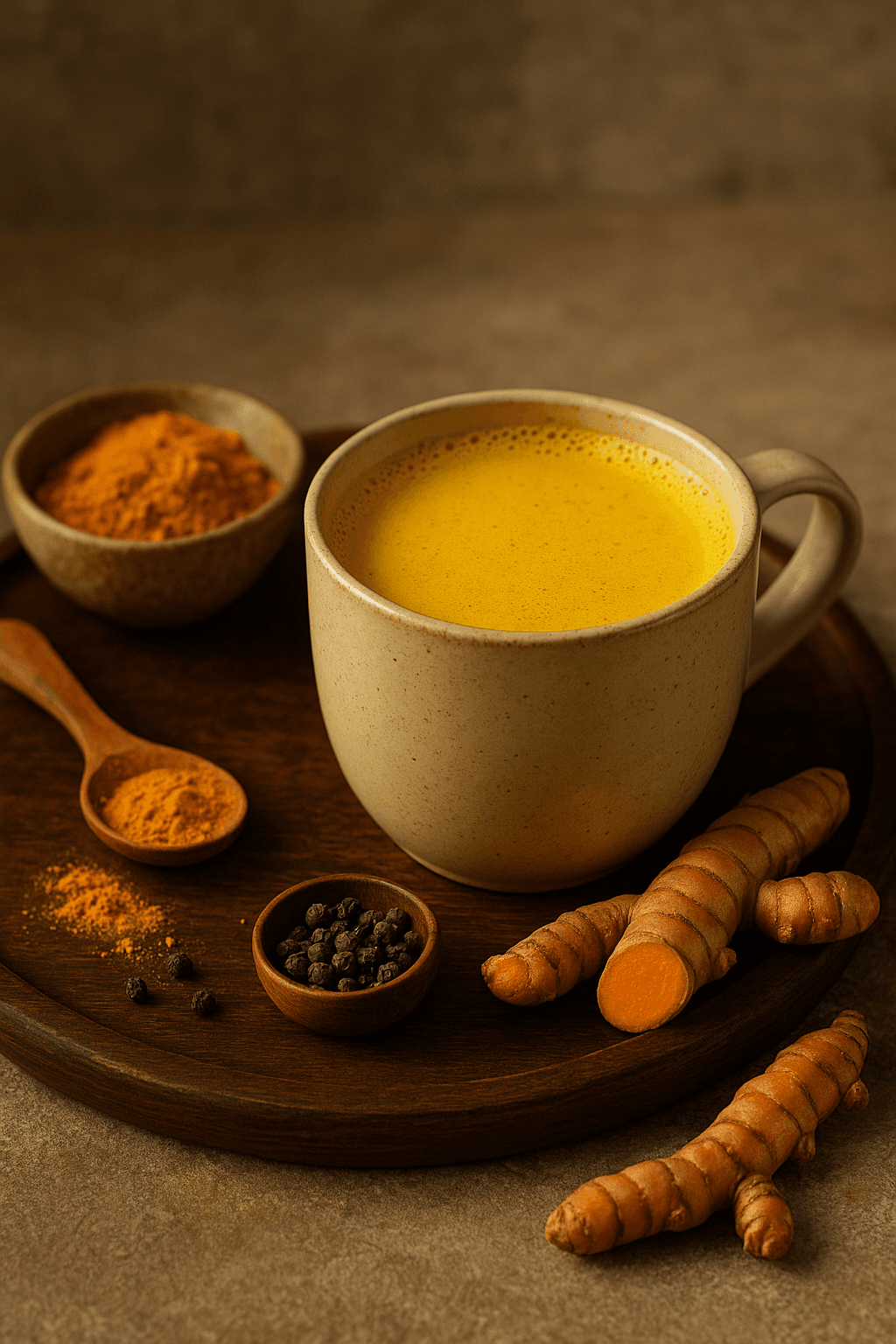 azza di golden milk su un vassoio di legno con radici e polvere di curcuma e pepe nero