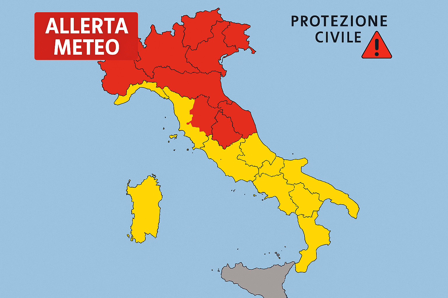 Mappa delle allerte meteo in Italia con zone in giallo e rosso per lunedì 5 maggio 2025