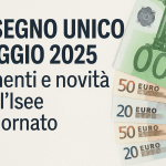 Assegno unico maggio 2025: aumenti e novità Isee, immagine con euro e testo informativo