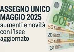 Assegno unico maggio 2025: aumenti e novità Isee, immagine con euro e testo informativo