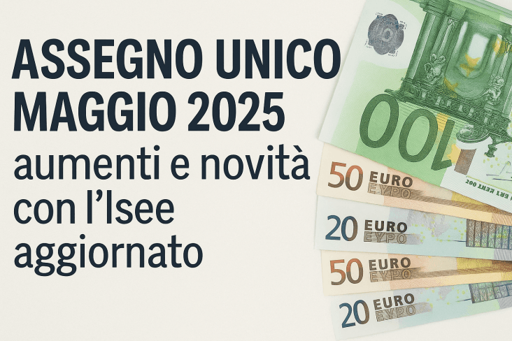 Assegno unico maggio 2025: aumenti e novità Isee, immagine con euro e testo informativo