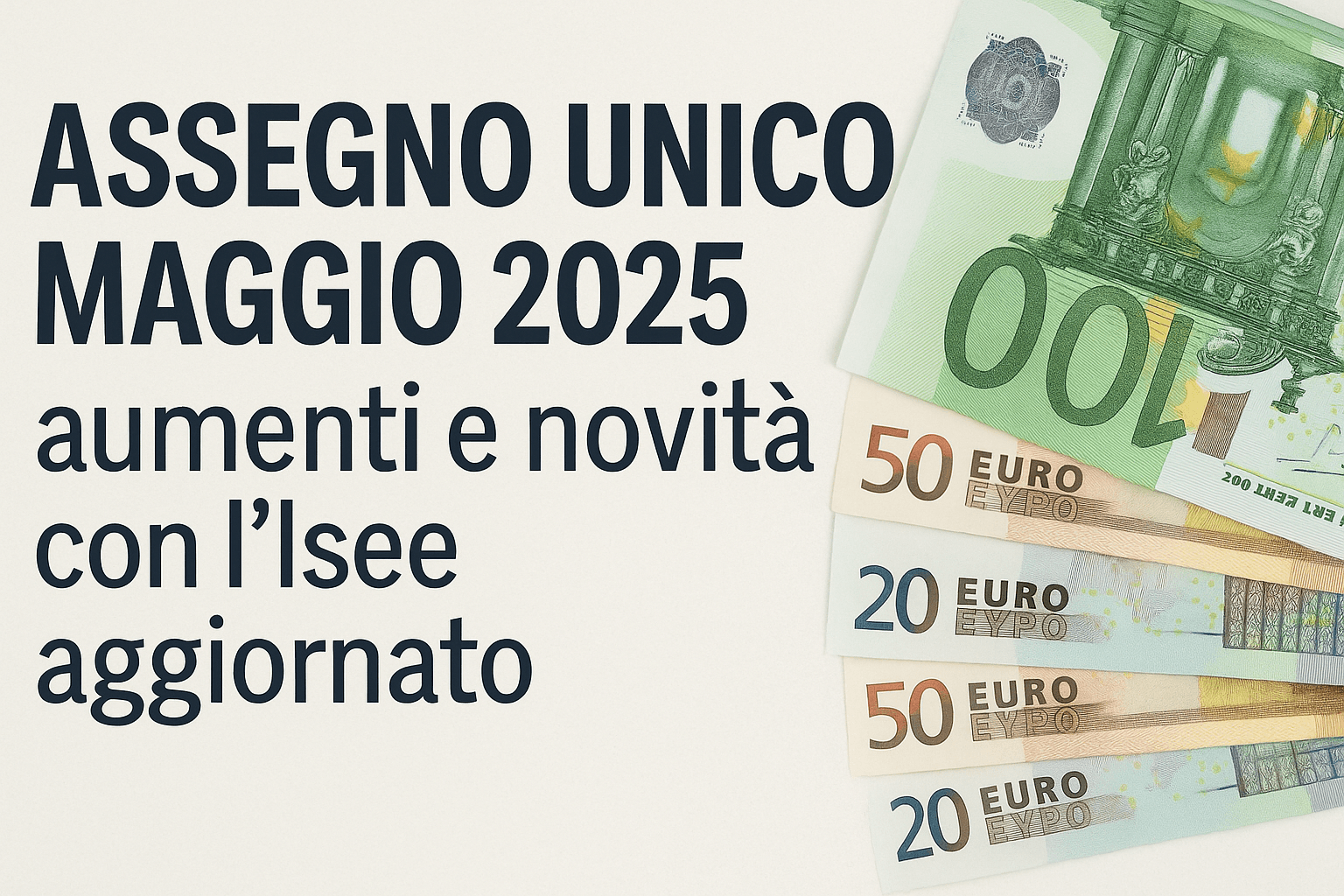 Assegno unico maggio 2025: aumenti e novità Isee, immagine con euro e testo informativo