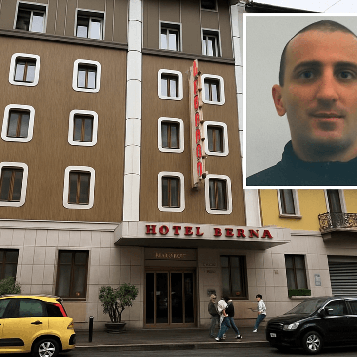 Killer in fuga a Milano: accoltellato un collega 1 Killer in fuga Milano, esterno Hotel Berna con volto del sospetto