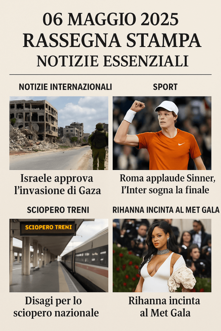 Rassegna stampa del 6 maggio 2025 con foto: Gaza, Sinner, sciopero treni e Rihanna incinta al Met Gala