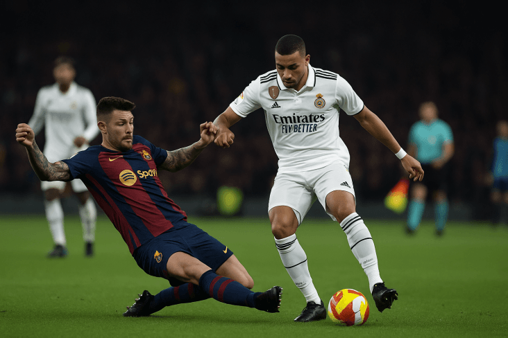 Contrasto tra giocatori di Real Madrid e Barcellona durante El Clásico 11 maggio 2025