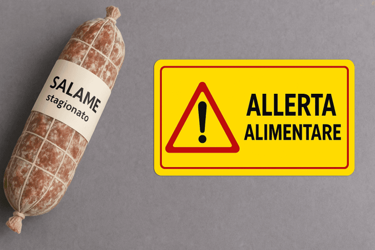 Richiamo salame Ravanetti: presenza di frammenti di spugna 1 Salame stagionato richiamato per frammenti di spugna accanto a cartello allerta alimentare