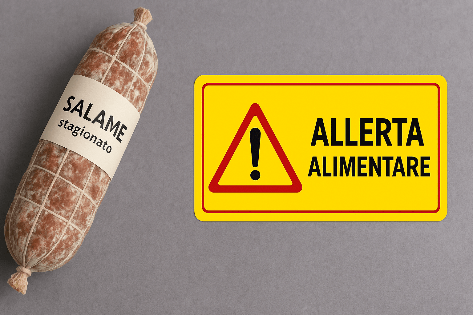 Salame stagionato richiamato per frammenti di spugna accanto a cartello allerta alimentare