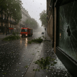 tempesta di grandine su Parigi con vetri rotti e alberi caduti