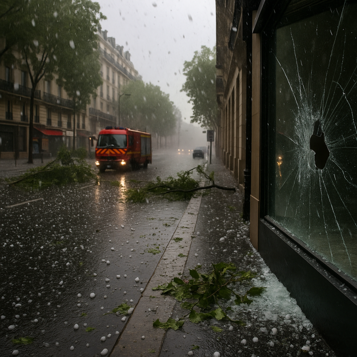 Tempesta di grandine su Parigi: danni, paura e strade bloccate 1 tempesta di grandine su Parigi con vetri rotti e alberi caduti
