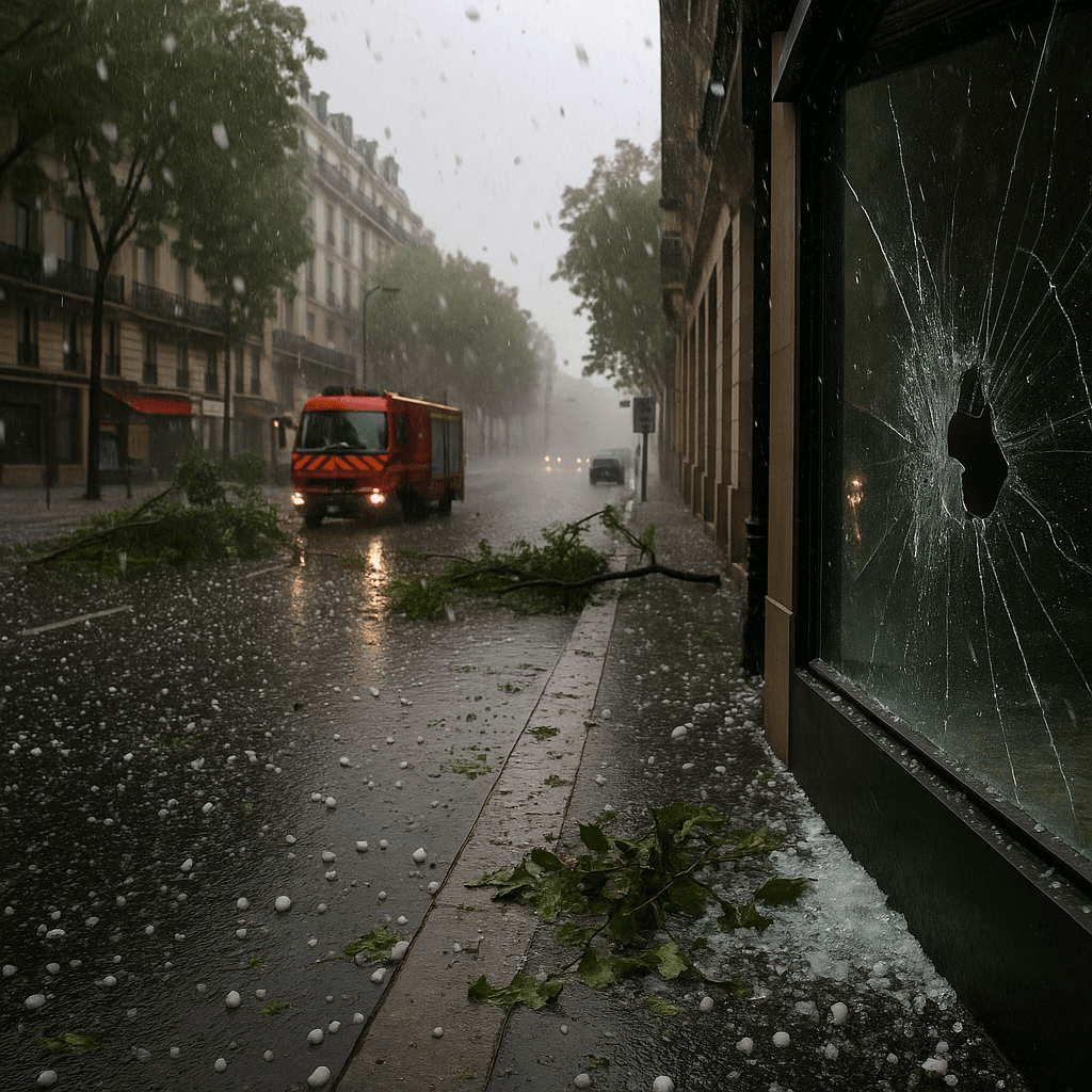 tempesta di grandine su Parigi con vetri rotti e alberi caduti