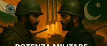Soldati indiano e pakistano si fronteggiano con missili e carri armati sullo sfondo
