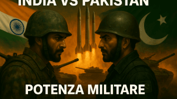 Soldati indiano e pakistano si fronteggiano con missili e carri armati sullo sfondo
