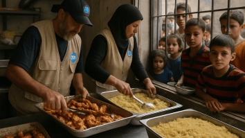 Volontari World Central Kitchen servono pasti a bambini palestinesi a Gaza