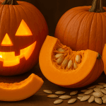Benefici della zucca: non solo per Halloween 20 Immagine realistica di una zucca di Halloween accanto a una zucca aperta con semi visibili, simbolo autunnale ricco di benefici e proprietà per la salute.