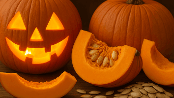 Immagine realistica di una zucca di Halloween accanto a una zucca aperta con semi visibili, simbolo autunnale ricco di benefici e proprietà per la salute.