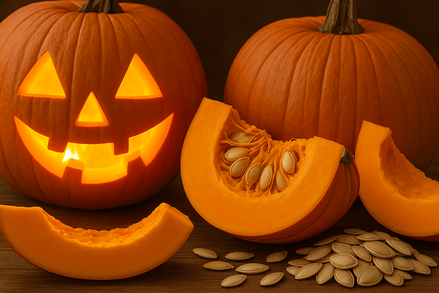 Immagine realistica di una zucca di Halloween accanto a una zucca aperta con semi visibili, simbolo autunnale ricco di benefici e proprietà per la salute.