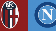 Grafica della partita Bologna Napoli 2-0 della 11ª giornata di Serie A con sfondo diviso rosso e azzurro.