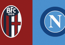 Grafica della partita Bologna Napoli 2-0 della 11ª giornata di Serie A con sfondo diviso rosso e azzurro.