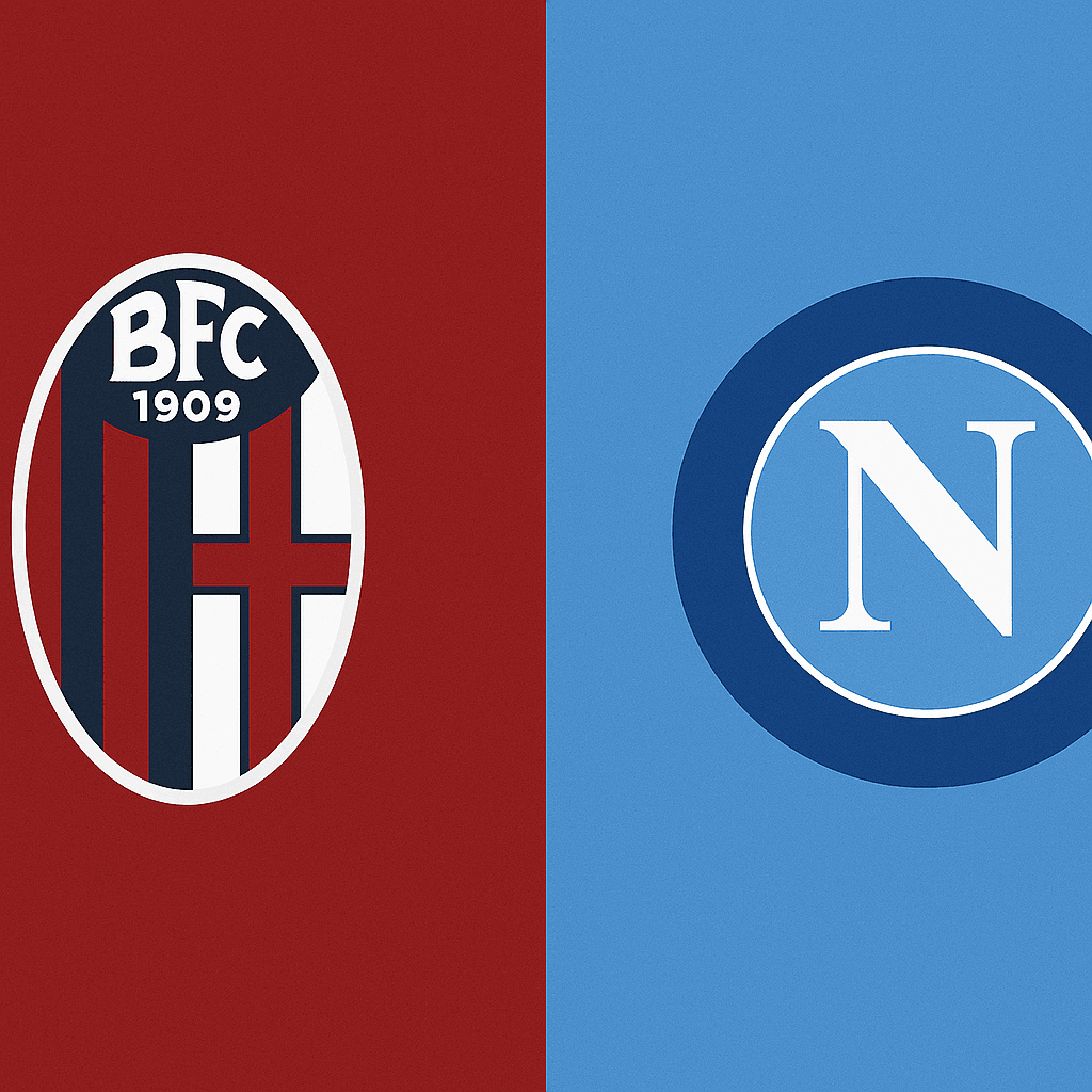 Grafica della partita Bologna Napoli 2-0 della 11ª giornata di Serie A con sfondo diviso rosso e azzurro.