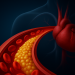 Illustrazione medica realistica che mostra un’arteria con accumulo di colesterolo LDL diretta verso il cuore, simbolo del rischio cardiovascolare e dell’importanza della prevenzione.