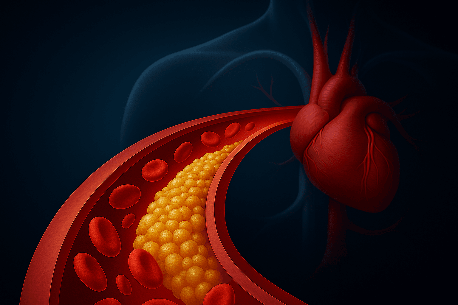 Calcolo colesterolo LDL : formula, esempi e tabella pratica per capire i tuoi valori 3 Illustrazione medica realistica che mostra un’arteria con accumulo di colesterolo LDL diretta verso il cuore, simbolo del rischio cardiovascolare e dell’importanza della prevenzione.