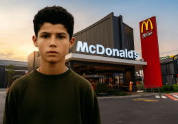 Cristiano Ronaldo giovane davanti a un campo da calcio con un McDonald’s sullo sfondo, simbolo dell’incontro con la ragazza del fast food.