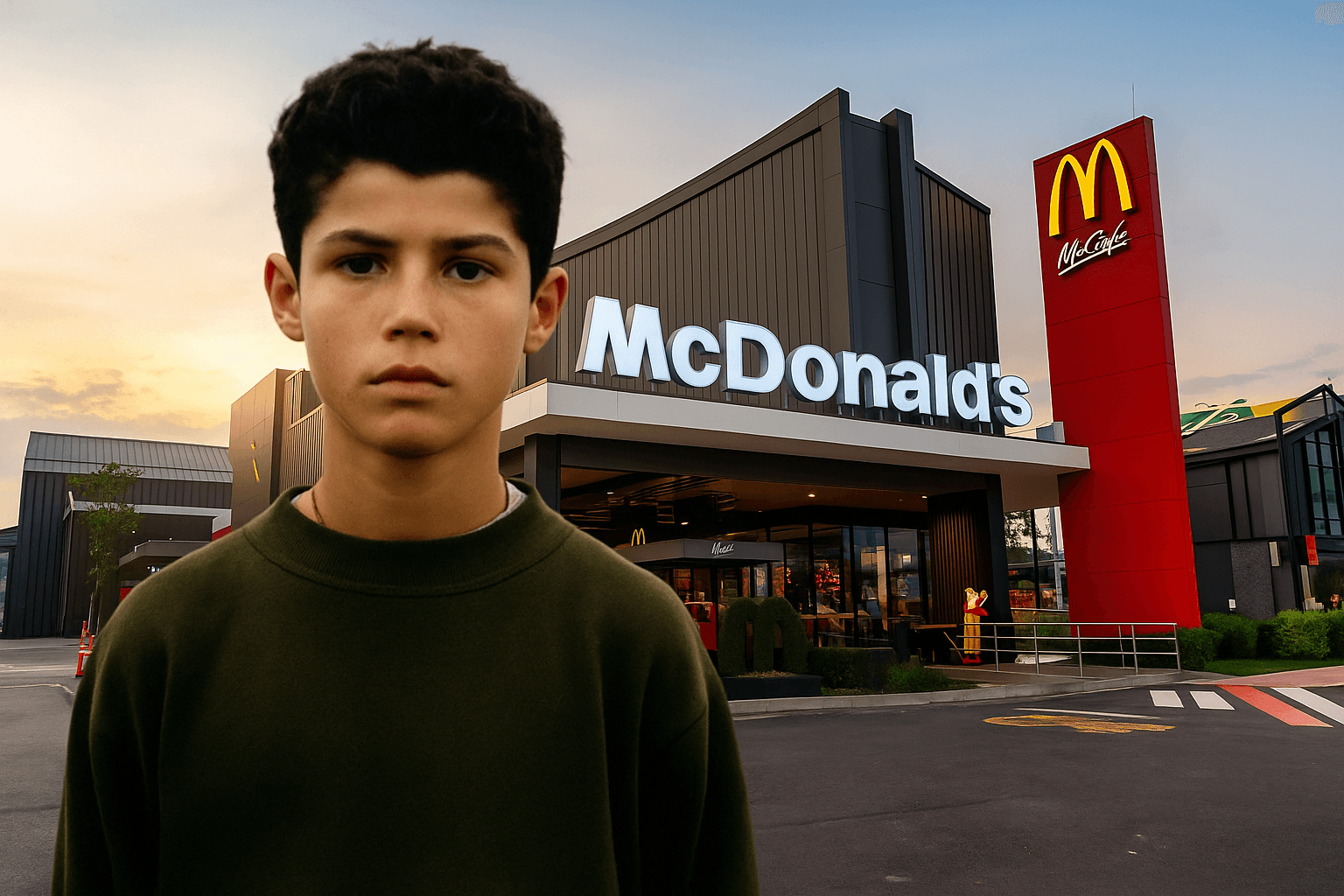 Cristiano Ronaldo giovane davanti a un campo da calcio con un McDonald’s sullo sfondo, simbolo dell’incontro con la ragazza del fast food.