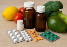 Pillole e compresse colorate accanto a frutta e verdura fresca che rappresentano vitamine e minerali essenziali, simbolo dell’equilibrio tra farmaci e salute.