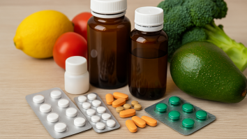 Pillole e compresse colorate accanto a frutta e verdura fresca che rappresentano vitamine e minerali essenziali, simbolo dell’equilibrio tra farmaci e salute.