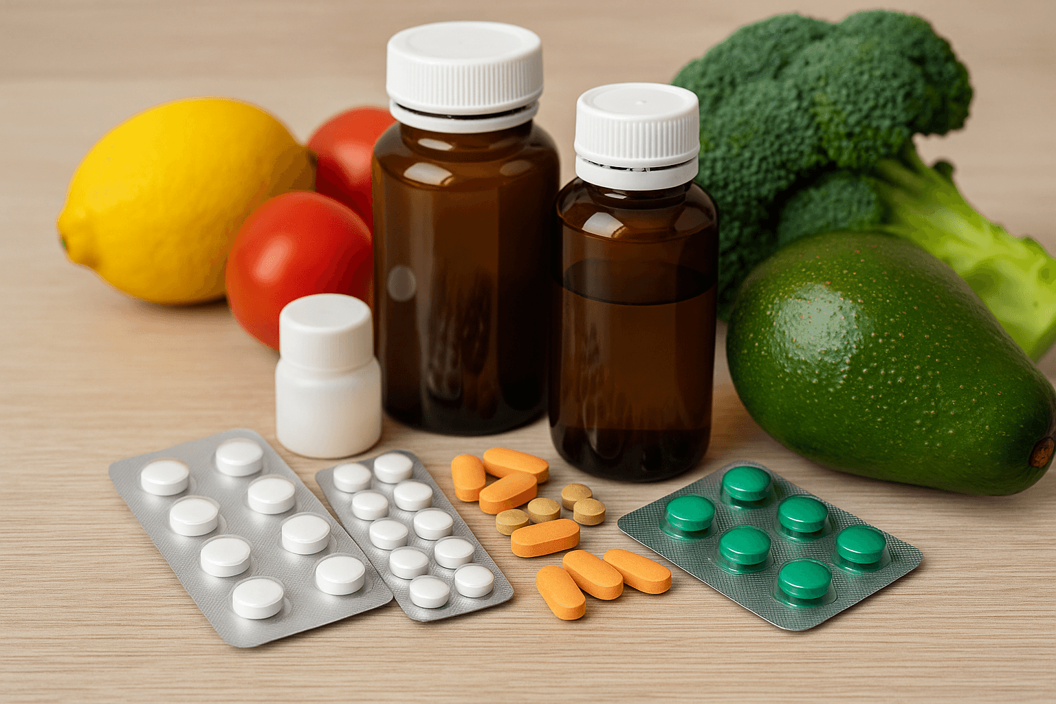 Farmaci che privano l’organismo di vitamine e minerali: cosa sapere per proteggere il corpo 4 Pillole e compresse colorate accanto a frutta e verdura fresca che rappresentano vitamine e minerali essenziali, simbolo dell’equilibrio tra farmaci e salute.