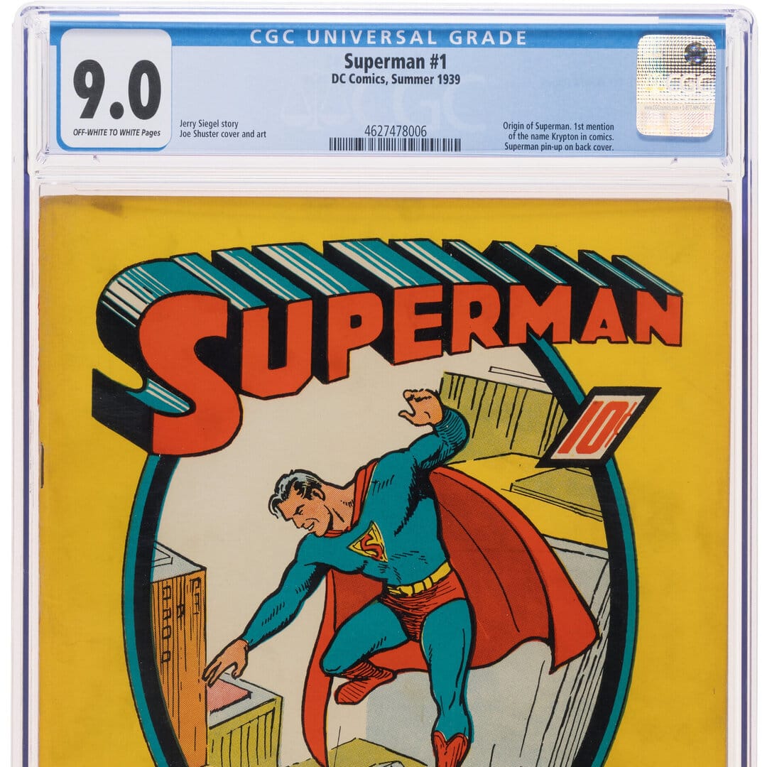 Copertina originale di Superman numero 1 del 1939, diventato il fumetto più costoso della storia dopo la vendita per 9 milioni di dollari.
