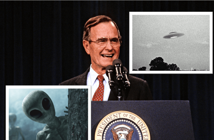 George H.W. Bush e un'illustrazione di un disco volante riferita al contatto del 1964.