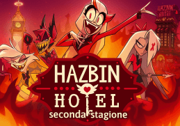 Hazbin Hotel seconda stagione con i personaggi principali davanti all’hotel in stile animazione colorata