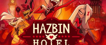 Hazbin Hotel seconda stagione con i personaggi principali davanti all’hotel in stile animazione colorata