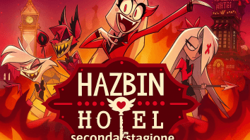 Hazbin Hotel seconda stagione con i personaggi principali davanti all’hotel in stile animazione colorata