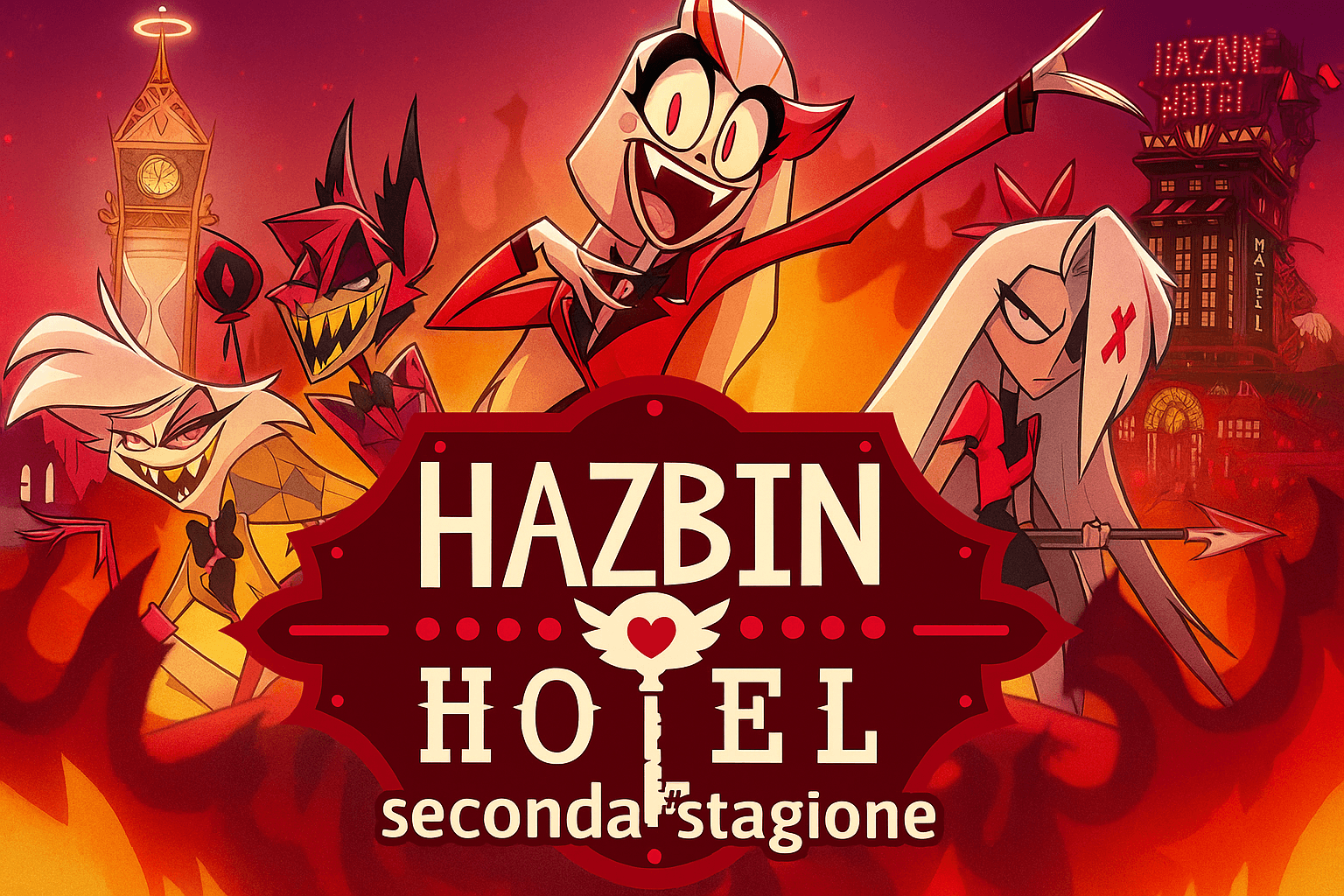 Hazbin Hotel seconda stagione con i personaggi principali davanti all’hotel in stile animazione colorata