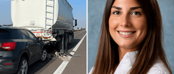 Fotomontaggio illustrativo dell’incidente mortale in A22 tra un’auto e un camion, con a destra il ritratto di Stefania Palmieri, la donna incinta deceduta nello schianto.