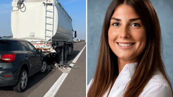 Fotomontaggio illustrativo dell’incidente mortale in A22 tra un’auto e un camion, con a destra il ritratto di Stefania Palmieri, la donna incinta deceduta nello schianto.