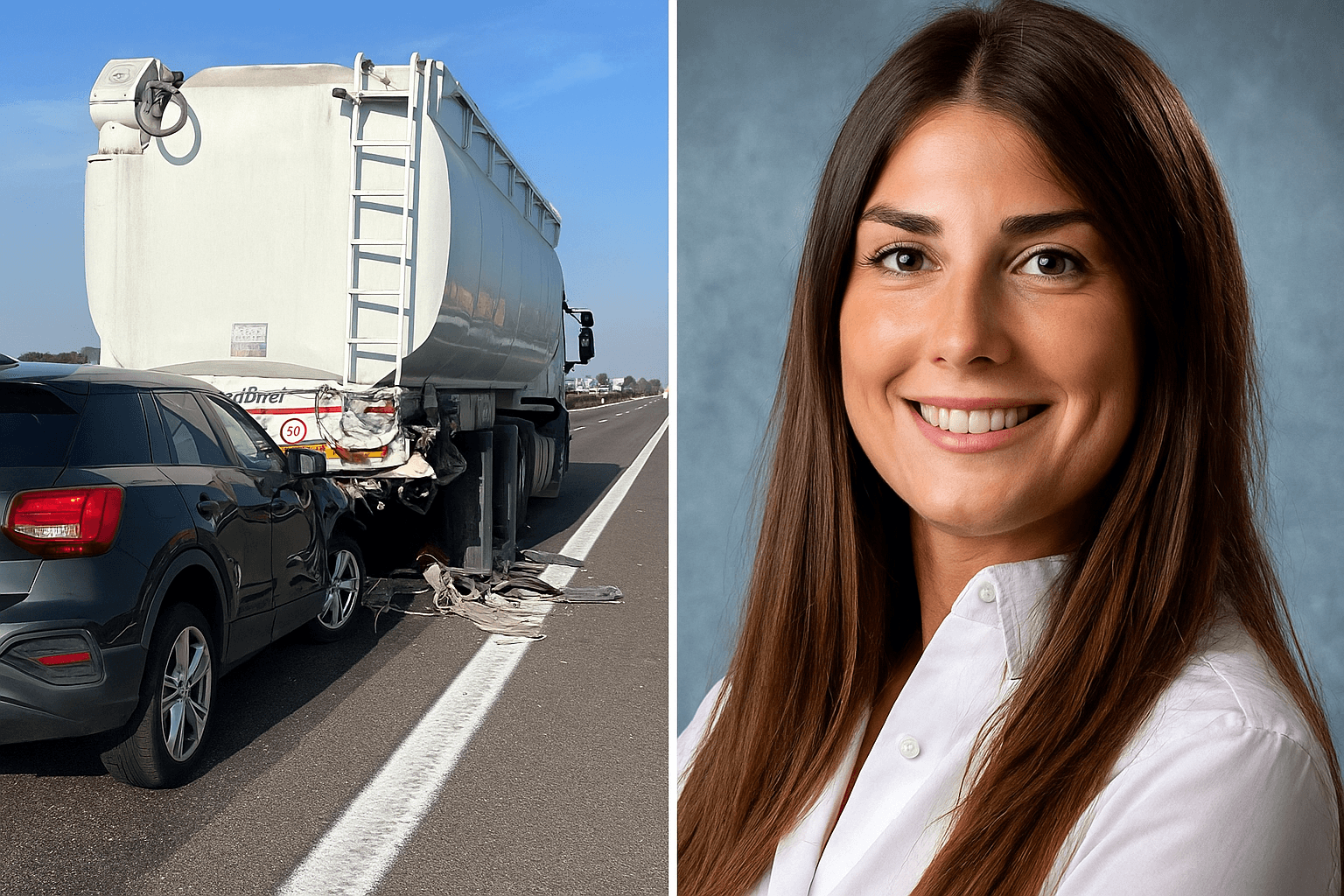 Incidente mortale in A22: muore Stefania Palmieri incinta 2 Fotomontaggio illustrativo dell’incidente mortale in A22 tra un’auto e un camion, con a destra il ritratto di Stefania Palmieri, la donna incinta deceduta nello schianto.
